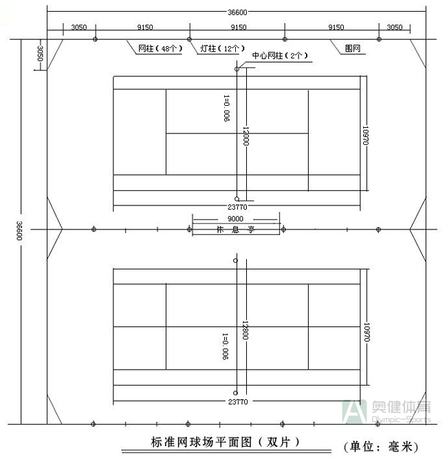 2片標準網球場尺寸平面圖